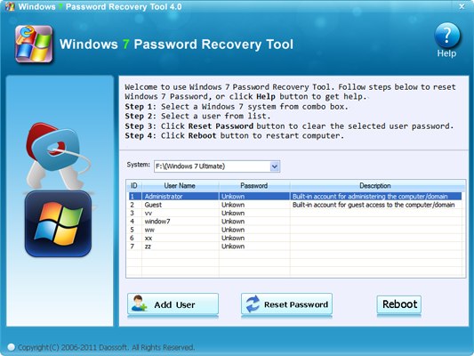 Program Daososft Windows 7 Password Recovery Tool 1